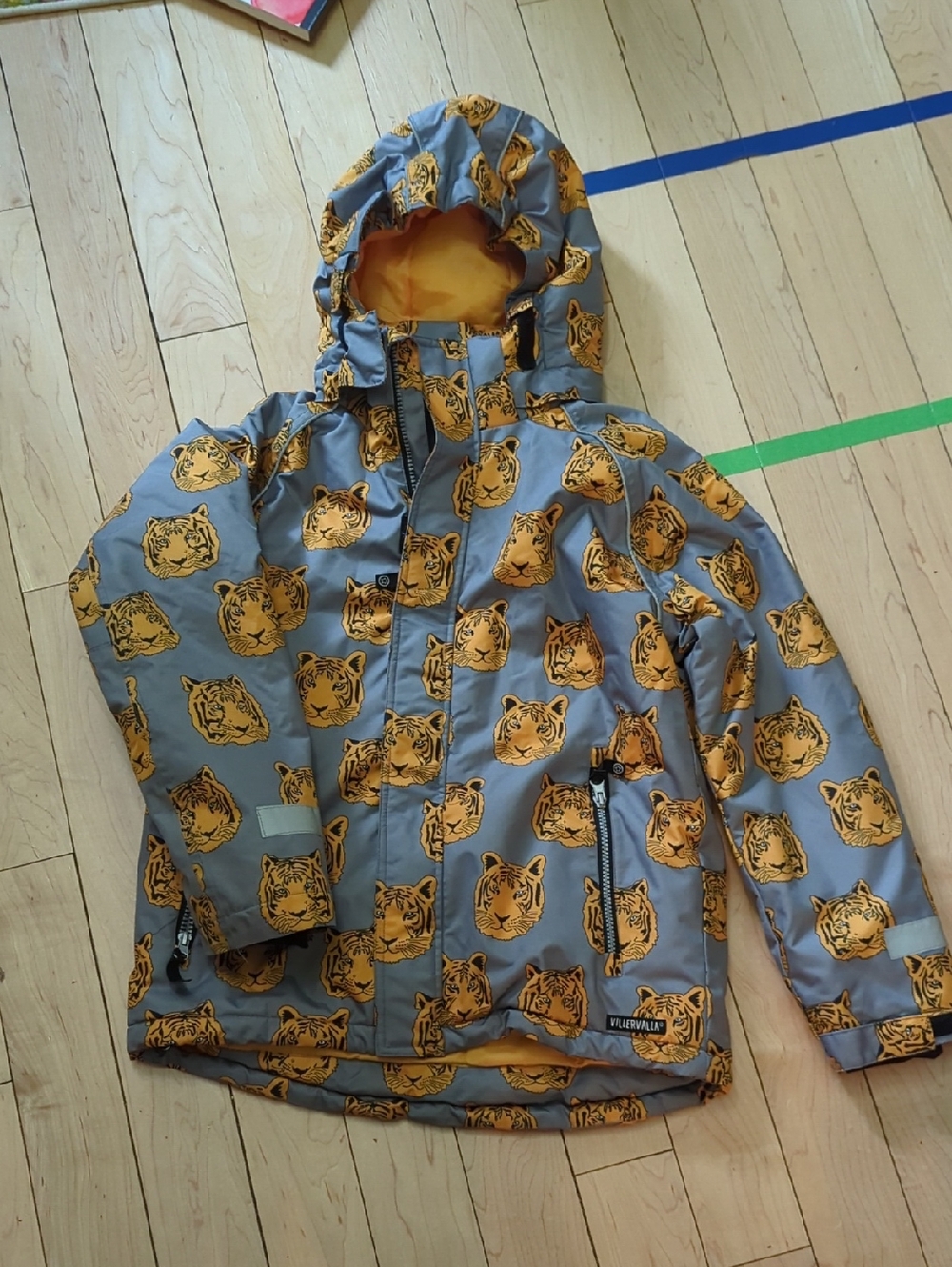 Villervalla Kids' Tiger Print Hooded Winter Jacket - Gray/Yellow - 12 Years